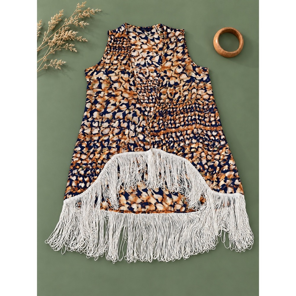 Baccini Women's L Abstract Print Fringe Open Front Vest Boho Festival